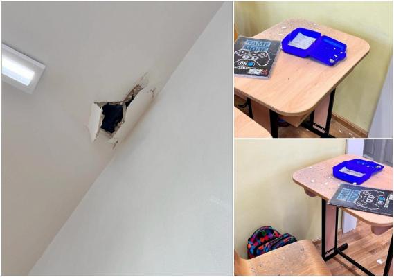 Pericol la o şcoală din Baia Mare. Tavanul unei clase s-a făcut bucăţi, după ce un muncitor a căzut în pod şi a intrat cu piciorul prin el