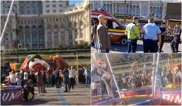 "Au căzut copii acolo". Clipe de groază după ce toboganul din Piaţa Constituţiei a fost răsturnat de vânt. Martorii spun că ar fi fost asigurat doar cu nişte cărămizi