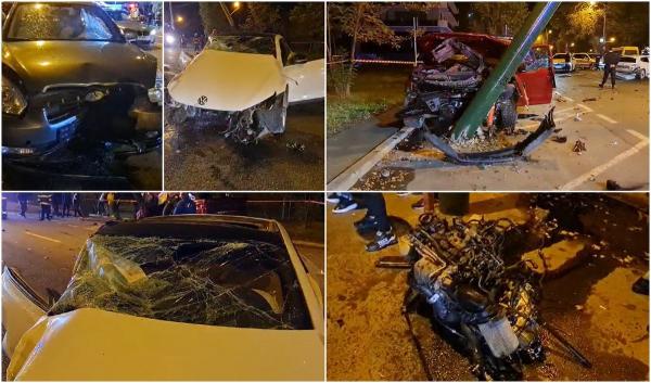 Accident cu patru răniți în Mamaia. Trei mașini s-au făcut zob după o manevră periculoasă a unui șofer. Motorul uneia dintre ele a zburat zeci de metri