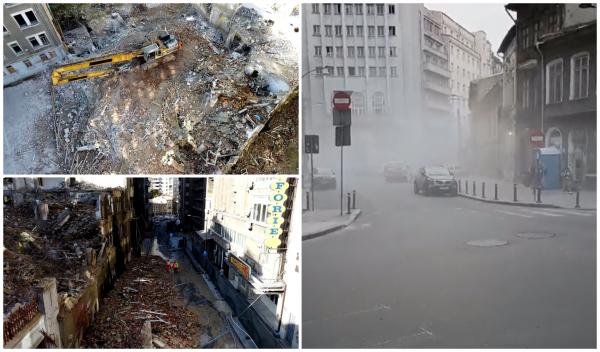 Demolarea clădirii Poliţiei din centrul Capitalei a lăsat în urmă dezastru: "Se simte ca la beci, miros de praf, de moloz ud"