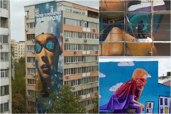 De la blocuri gri, la galerii în aer liber. Chipul lui David Popovici, pictat timp de 10 zile pe un bloc de 9 etaje din Bucureşti