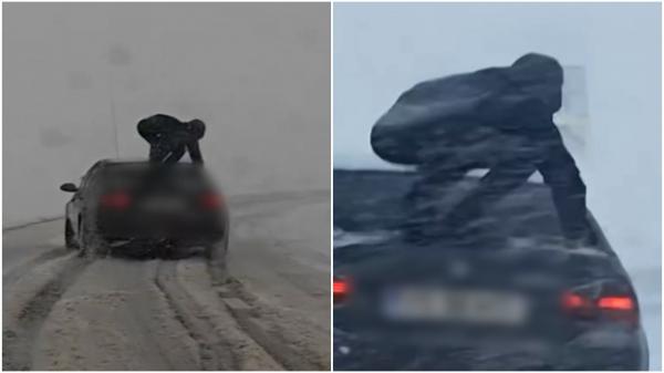 Şoferul unui BMW și-a cocoțat prietenul pe portbagaj ca să aibă mai multă aderență pe șosea. Imaginile virale filmate pe un drum înzăpezit din Vaslui