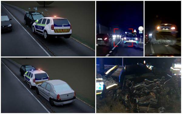 ANIMAȚIE. Cursa nebună făcută de un tânăr de 18 ani din Brăila, cu polițiștii pe urmele sale. A intrat în plin într-o mașină de poliție pe care a aruncat-o câțiva metri