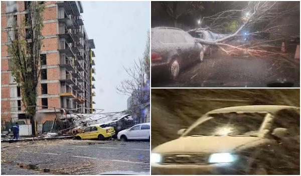 Prima ninsoare din Bucureşti. Zăpada a început să se depună pe şosele, vântul puternic a doborât mai mulţi copaci
