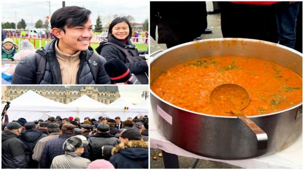 Reacţia unui turist din Indonezia când gustă fasole cu ciolan. De Ziua Naţională, oamenii au stat la cozi imense pentru o porţie