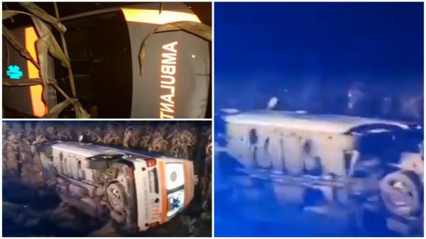 Accident grav în Bistriţa. O ambulanţă care transporta un copil şi pe mama lui s-a răsturnat într-un şant, în drum spre spital