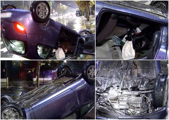 Un şofer a alunecat pe şoseaua umedă şi s-a răsturnat cu maşina, în Pantelimon. A ajuns cu roţile în sus, după ce a trecut peste un scuar