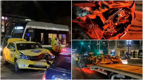 Accident violent cu doi răniţi în Iaşi. Trei maşini s-au făcut praf pe linia de tramvai: circulaţia, întreruptă minute-n şir