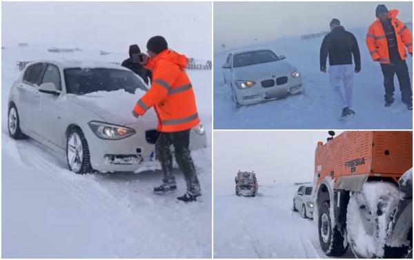 Ninsorile şi viscolul puternic au închis circulaţia pe Transalpina, între Novaci şi Rânca. Un tânăr a rămas blocat cu BMW-ul în nămeţi, după ce a ignorat restricţiile