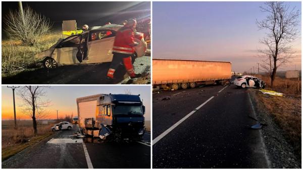Filmul accidentului cumplit din Ialomiţa. Şoferul 22 de ani şi alte 2 persoane au murit pe loc, după ce o maşină s-a izbit frontal cu un TIR