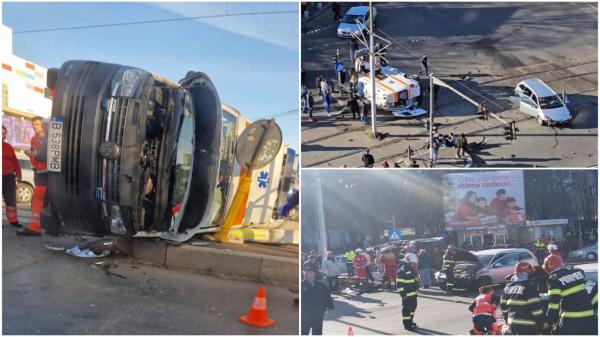 Accident grav în Capitală, lângă Plaza. Patru răniţi, după ce două maşini şi o ambulanţă aflată în misiune s-au ciocnit violent