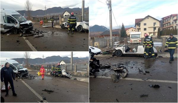 Impact fatal, în Brașov. Tânăr de 19 ani, mort într-un accident violent cu o dubă și o mașină. Vehiculul în care se afla, decapotat la propriu