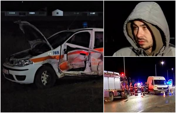 "Pe colegu care venea din sens opus nu l-am văzut şi a intrat direct în mine". Două maşini şi o ambulanţă s-au izbit puternic în Brăneşti