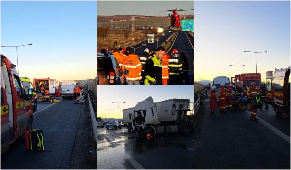 Filmul accidentului cu 9 răniţi, pe Centura Sibiului. Un TIR scăpat de sub control a lovit două camionete