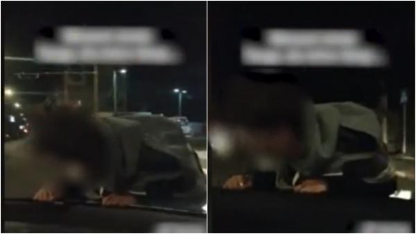 Tânăr filmat în timp ce este plimbat pe capota unei mașini conduse de prietenul lui, pe o stradă din Gorj. Polițiștii i-au găsit după ce au pus filmarea pe TikTok