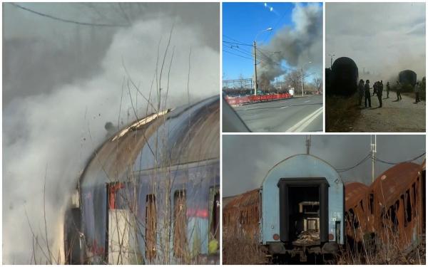 Incendiu izbucnit la trenurile dezafectate din zona Gării de Nord din Bucureşti. 15 vagoane s-au făcut scrum. Focul ar fi fost pus de un om al străzii. 