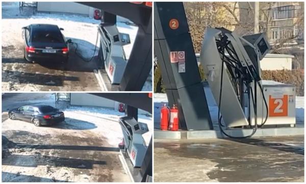 Momentul în care un şofer din Tecuci uită pompa de benzină în rezervor şi pleacă grăbit. A lăsat dezastru în urma sa