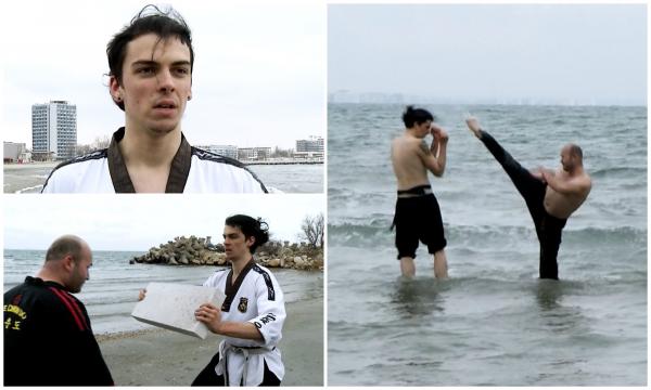 Un sportiv şi maestrul lui de arte marţiale, antrenament extrem la 0 grade Celsius, pe malul mării. "Chiar e un test"
