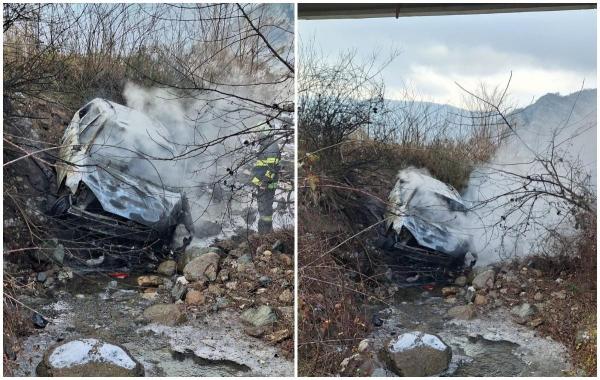 Un şofer din Mehedinţi, la un pas de moarte, după ce a maşina în care se afla a căzut de pe un pod şi a luat foc. A reuşit să iasă în ultima clipă