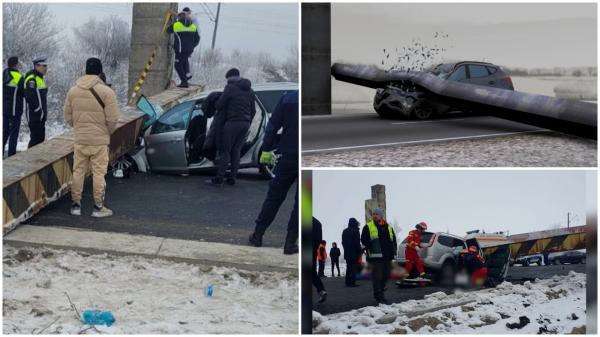 ANIMAȚIE. Femeie, strivită în mașină de o grindă de 10 tone lovită de un camion, pe DN6. "Hai mai repede, că mor"