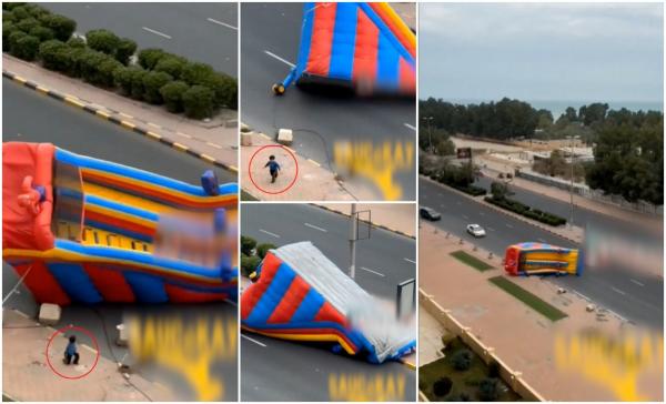 Tobogan gonflabil smuls de vânt şi răsturnat în mijlocul mașinilor, pe un drum din Kuweit. Unul dintre copii a fost izbit de trotuar