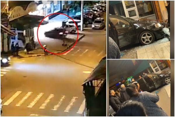 Maşină propulsată în vitrina unui magazin din Ploieşti, într-un impact puternic. Accidentul a fost surprins pe camere