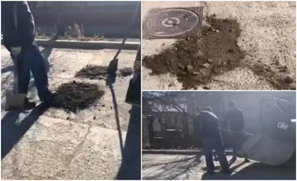 Trei muncitori, filmaţi cum plombează gropile cu bocancii, pe o stradă din Tecuci. "E bătaie de joc. În loc să pună asfalt, au pus pământ"