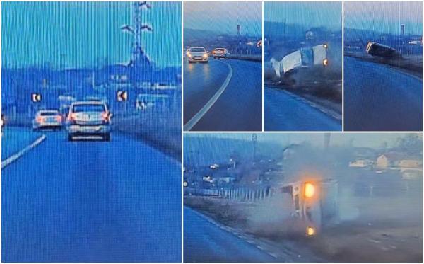 Momentul în care o şoferiţă se răstoarnă cu Loganul într-o curbă, la ieşire din Galaţi. O cameră de bord a filmat momentul dramatic