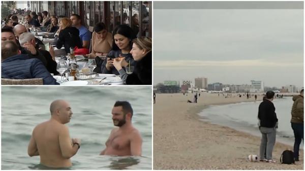 Temperaturi de primăvară pe litoral. Turiştii au umplut terasele, iar cei mai curajoşi au făcut chiar şi o baie în mare