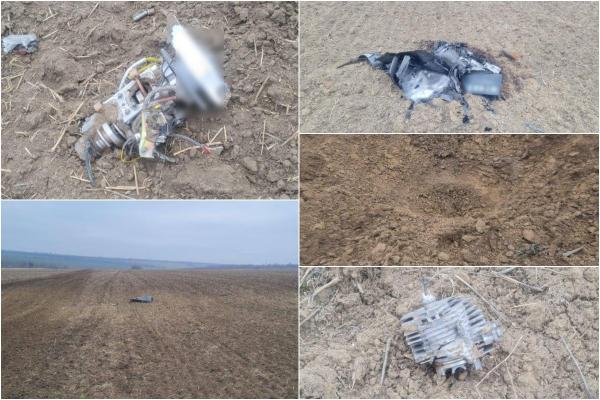 Fragmentele unei drone, găsite pe teritoriul R.Moldova, la graniţa cu Ucraina. Bucăţile ar aparţine modelului rusesc Gherani-2