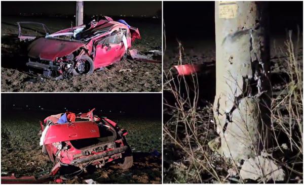 Citroen zdrobit într-un stâlp din beton, la ieşire din Constanţa spre Valu lui Traian. Şoferul este în stare critică