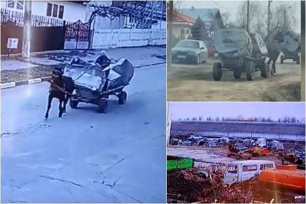 "Bă, eşti nebun?" Doi hoţi au fost filmaţi în timp ce furau pubelele metalice cu două căruţe, din fosta unitate militară din Tecuci