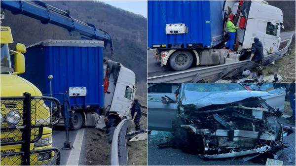 Maşină spulberată de TIR pe DN7 în Câineni. Ceilalţi şoferi care au văzut momentul impactului au sunat cu disperare la 112. Două persoane la spital