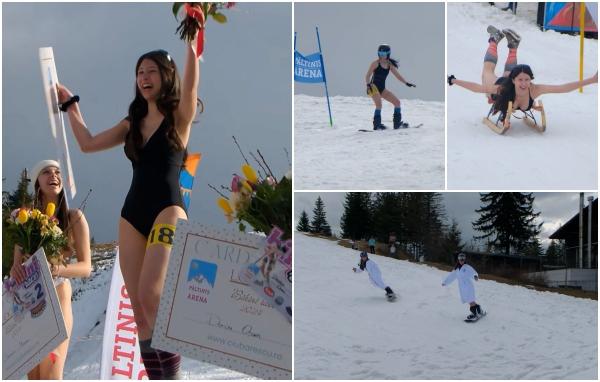 "E o experienţă faină". Bikini Race, cea mai aşteptată cursă pe pârtia din Păltiniş. Tinerele au îmbrăcat costumele de baie şi au înfruntat frigul de dragul competiţiei