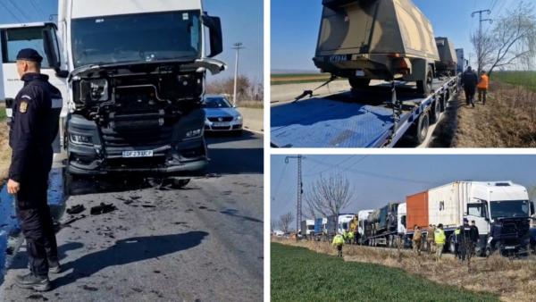 Trailere care transportau echipament militar, implicate într-un accident în lanţ, pe DN 1. Vehiculele, înmatriculate în Marea Britanie