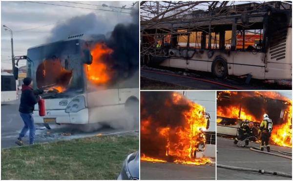 "Ia uitaţi pe 96, cum e, tată! Scrum!" Un troleibuz a luat foc în Bucureşti, în timp ce staţiona. Şoferul s-a salvat în ultima clipă