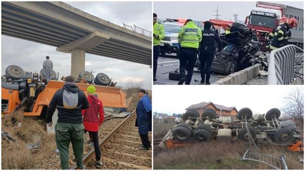 Accident cu 3 morți pe Centura Avrigului, în Sibiu. Un camion a căzut de pe un pod lângă calea ferată, după impactul cu o mașină