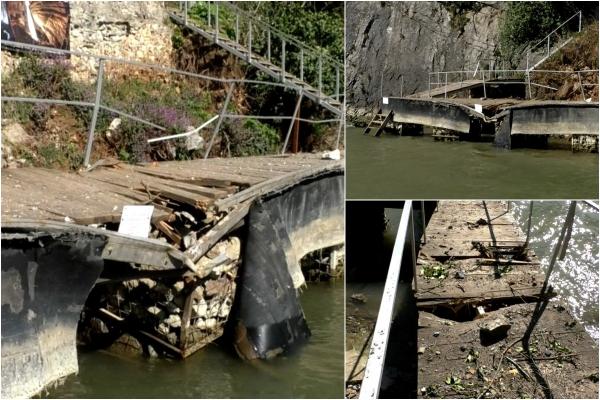 O perlă turistică din zona Cazanelor Dunării nu mai poate fi vizitată. Risc uriaş de accidente fatale după ce pontonul a fost distrus de pietre