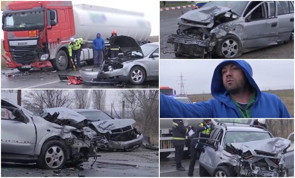 "A vrut să depăşească, nu ştiu ce a vrut să facă". Maşini făcute bucăţi pe Drumul Morţii E85, după un carambol cu o cisternă încărcată cu 17.000 l de benzină 