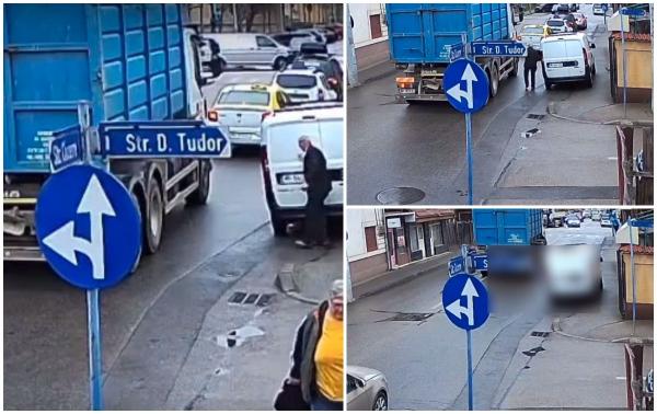 Momentul când un bătrân din Drobeta-Turnu Severin este călcat de un TIR. Pensionarul a intrat într-un unghi mort și nu a fost zărit de șofer