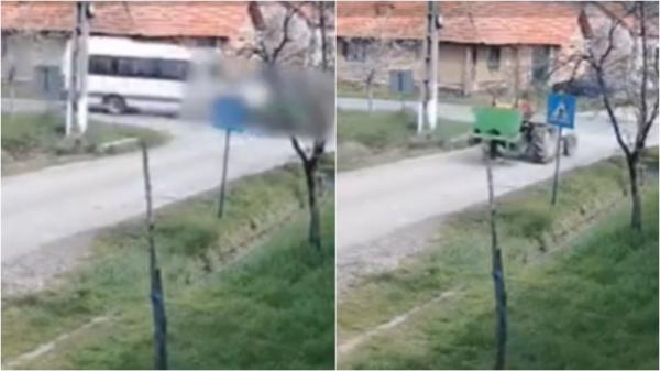 Tractor și microbuz, impact violent pe o șosea din Timiș. Șoferul utilajului a nu acordă prioritate și a fost izbit puternic din lateral