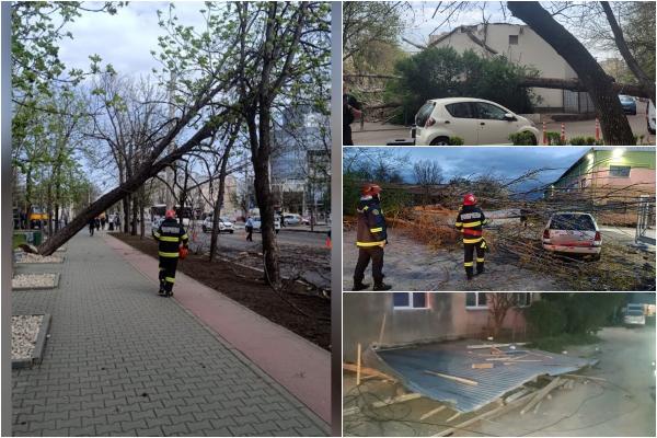 Rafale de vânt puternice în Hunedoara. Un acoperiş a fost smuls, iar doi copaci au fost doborâţi peste o maşină