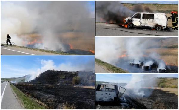 O dubă plină cu anvelope a făcut prăpăd, după ce a luat foc. Hectare întregi s-au făcut scrum la marginea oraşului Cluj-Napoca