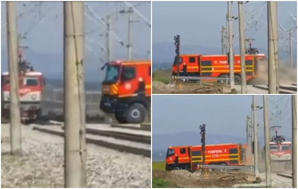 "Vai, nebuni sunt! Vai de capul meu!" Maşină de pompieri, la un pas să fie lovită de tren la o trecere de cale ferată din Câmpia Turzii