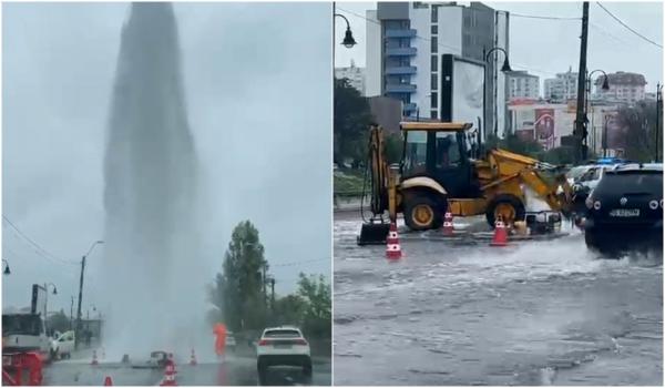 Gheizer mai înalt decât stâlpii de electricitate, după ce o conductă de apă s-a spart în Iaşi. Şoferii nu s-au încumetat să treacă prin zona inundată