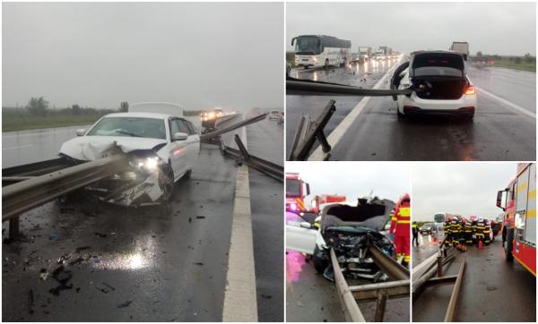 BMW-ul străpuns de parapetul metalic pe A1 ar fi intrat în acvaplanare, înainte de impactul mortal. Noi imagini de la locul tragediei