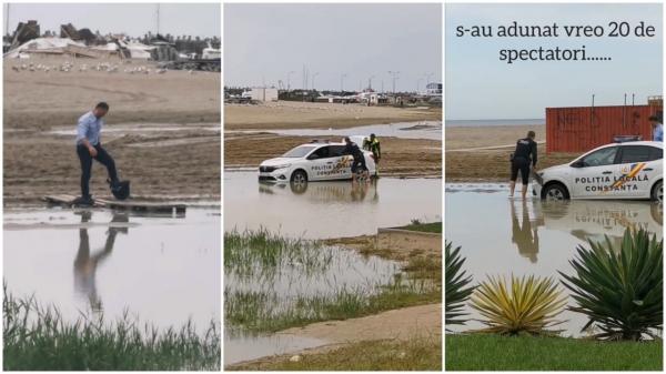 "Nici măcar nu au BMW". Polițiști de la Locală, împotmoliți pe o plajă din Constanța. Unul umblă desculț, celălalt și-a pus saci de gunoi în picioare