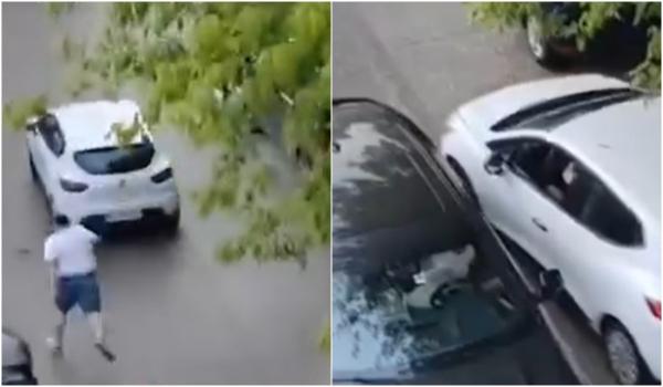 Scandal cu săbii într-o parcare din Vâlcea. Un bărbat fugăreşte un şofer, care se refugiază în maşină şi pleacă în trombă