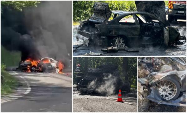 Maşină în flăcări, după ce s-a izbit violent de gardul unui restaurant. Accident cumplit în Baia Sprie