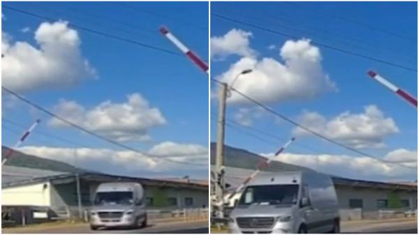 Momentul în care un şofer grăbit trece cu viteză în timp ce barierele de la calea ferată coboară. La un pas de tragedie, în Bistrița-Năsăud